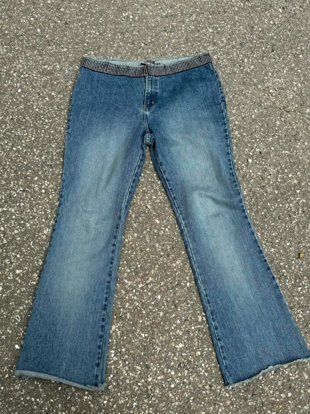 Women's Blue Flare Jeans with Embellished Waistband
